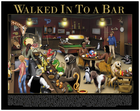 Saloon themed Walked Into A Bar Print with the jokes right on the print!